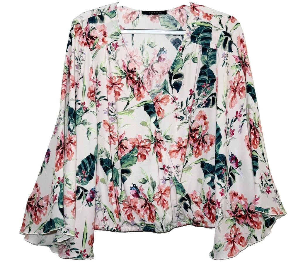 Sanctuary Blouse Small Floral Bird Print Wrap Front Bell Sleeve Boho Rayon Top